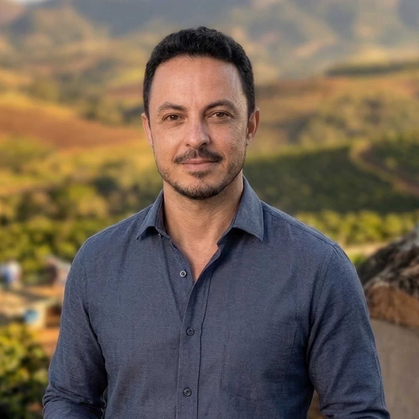 Wilson Silva, founder of Vulcânica Café Trading, with the coffee hills of the Volcanic Region behind him